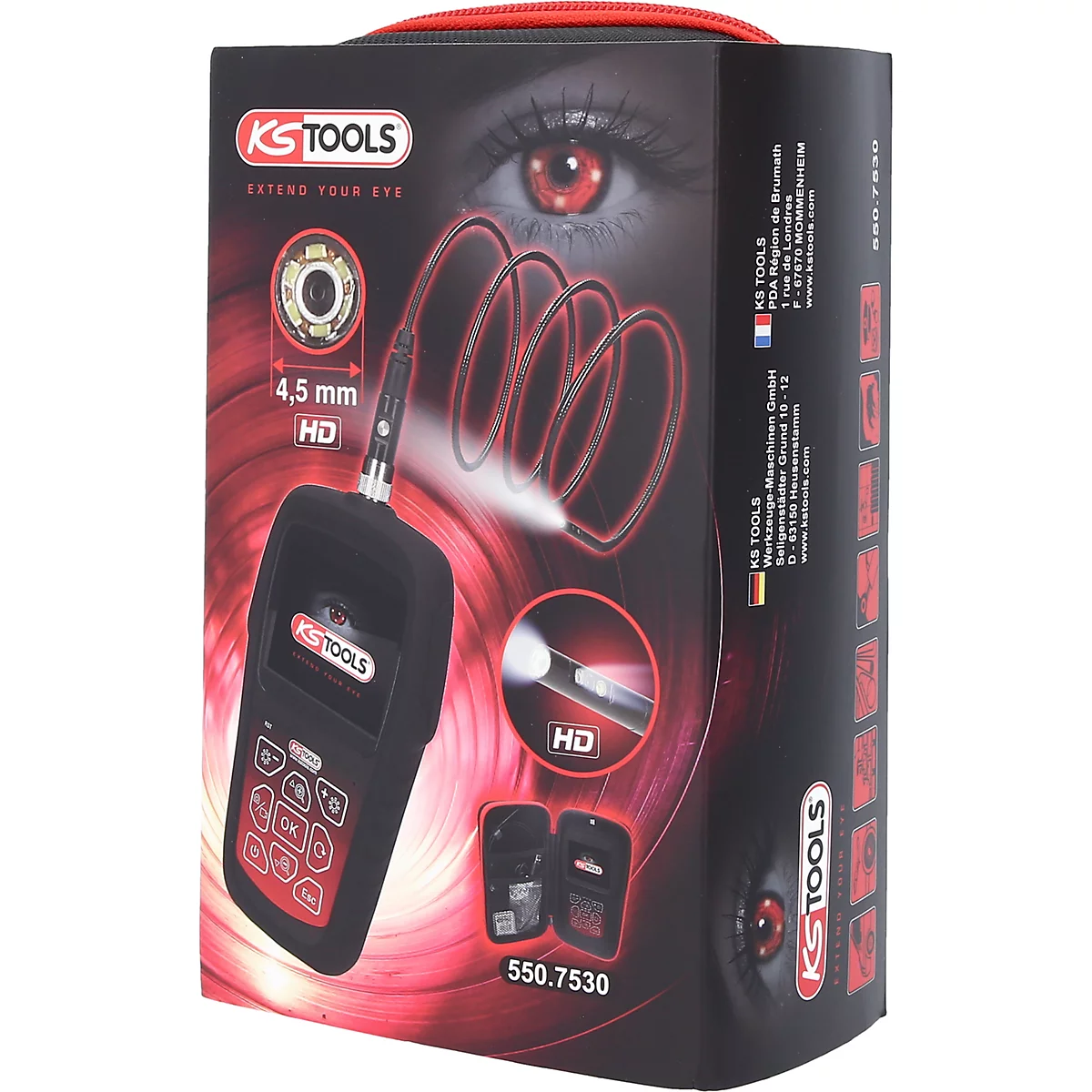 Schwarzes Gerät mit roter Bedienoberfläche, KS TOOLS Logo und Text. Im Hintergrund rotes Auge und Produktabbildung.